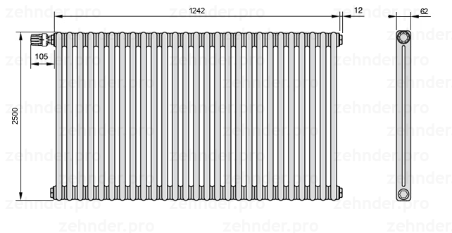 Схема (чертеж) Радиатор Zehnder Charleston 2250/27 №V012 Белый глянцевый RAL 9016